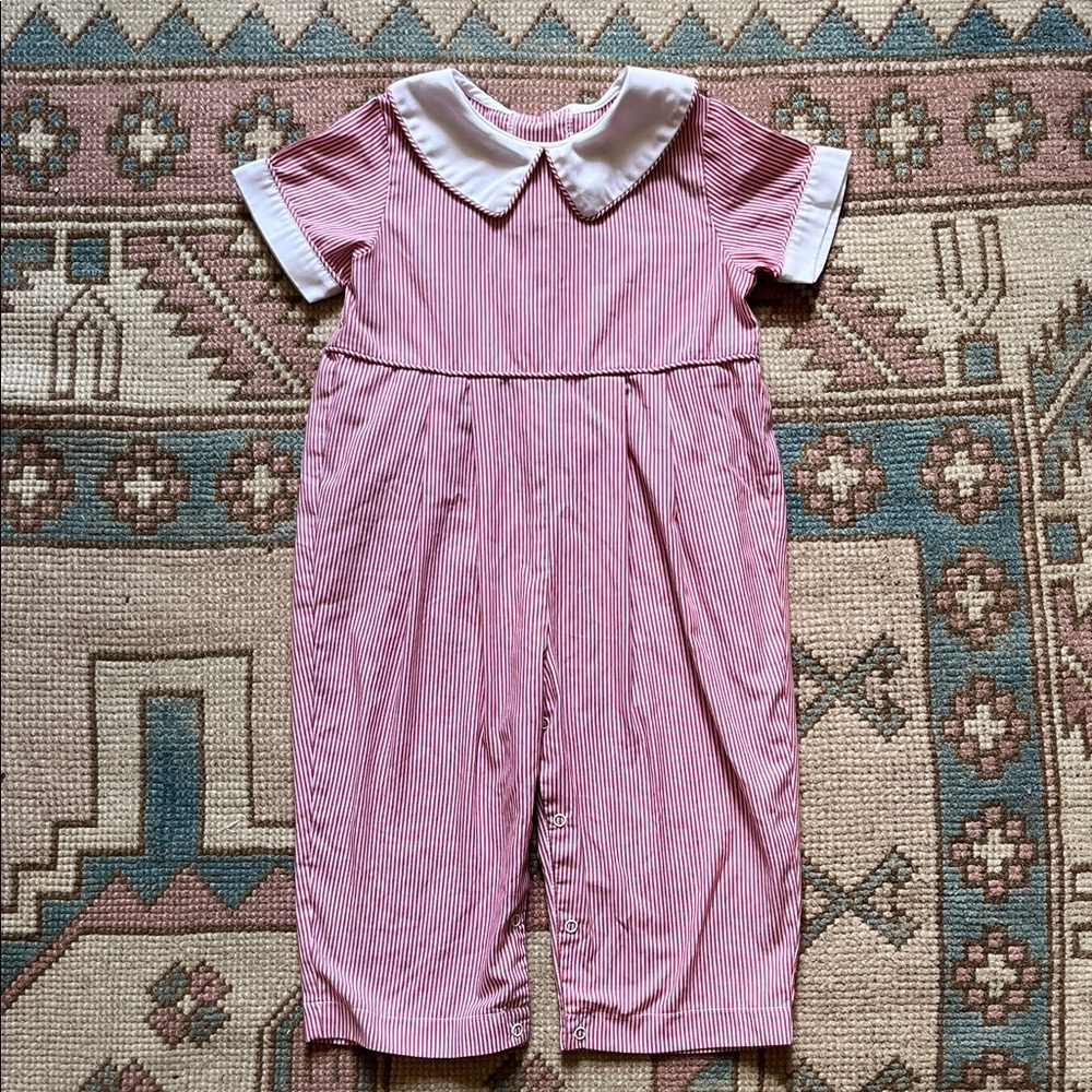 Banana Split Red and White Striped Romper with Peter Pan Collar - size 24 mos